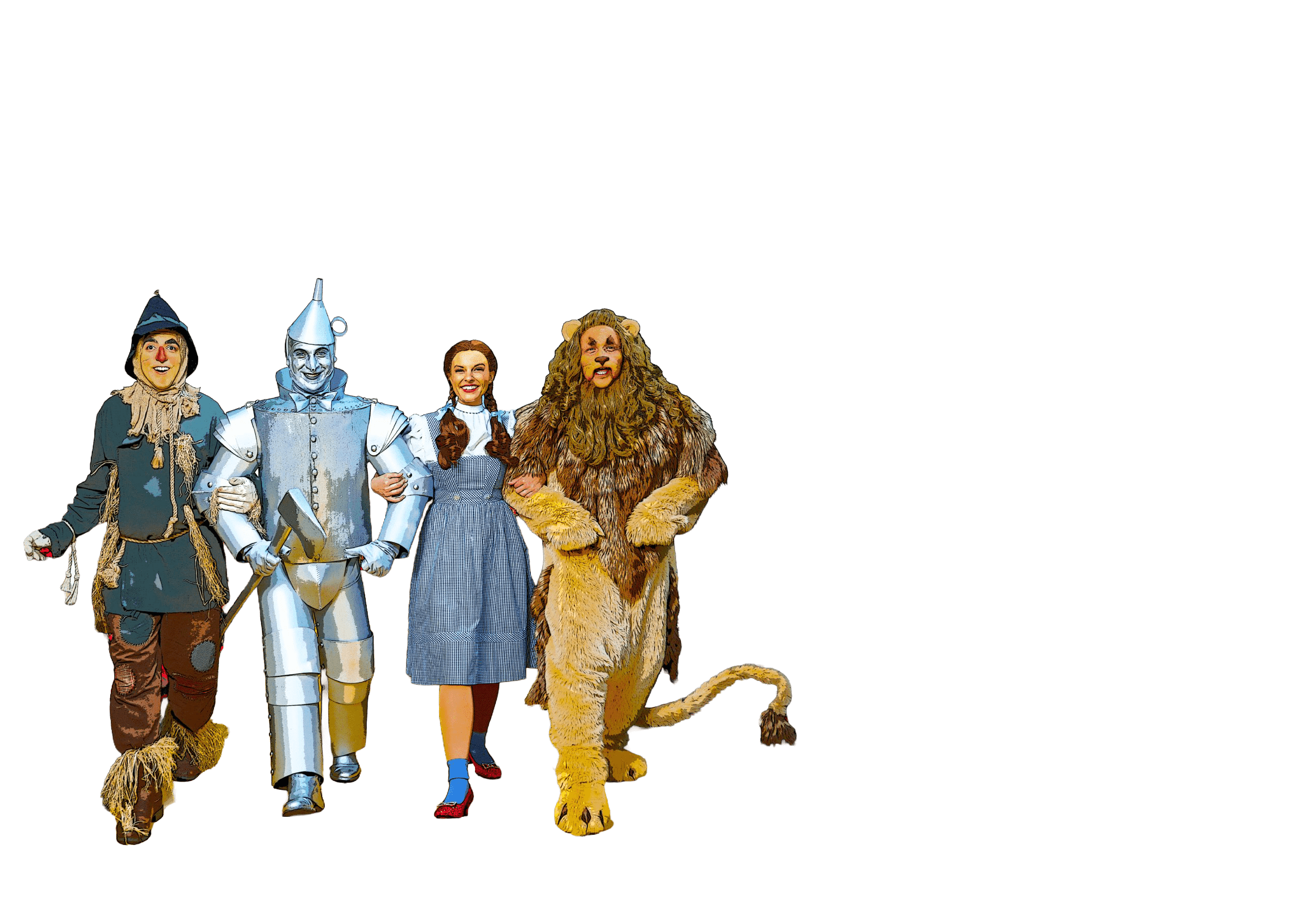 Dorothy, the Scarecrow, Tin Man, and Cowardly Lion on the yellow brick road through the poppy fields